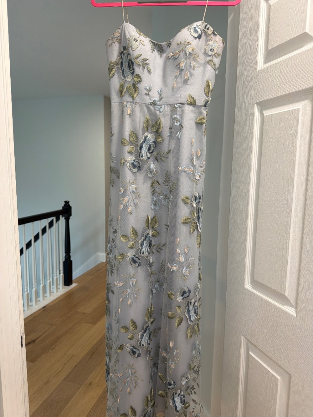 Blue, floral dress (wedding guest or bridesmaid)